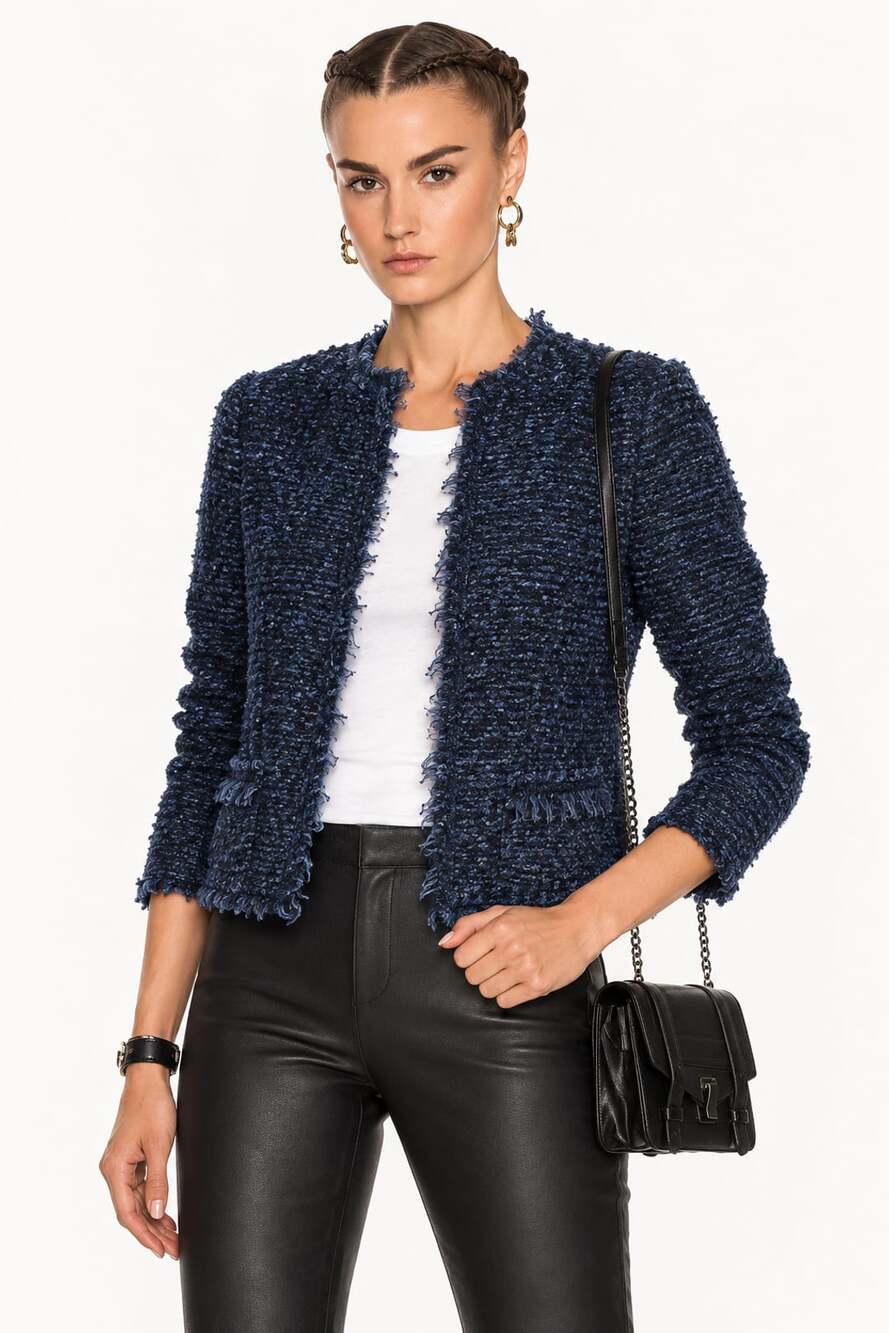 IRO Navy Tweed Fringe Open Front Jacket Size 38